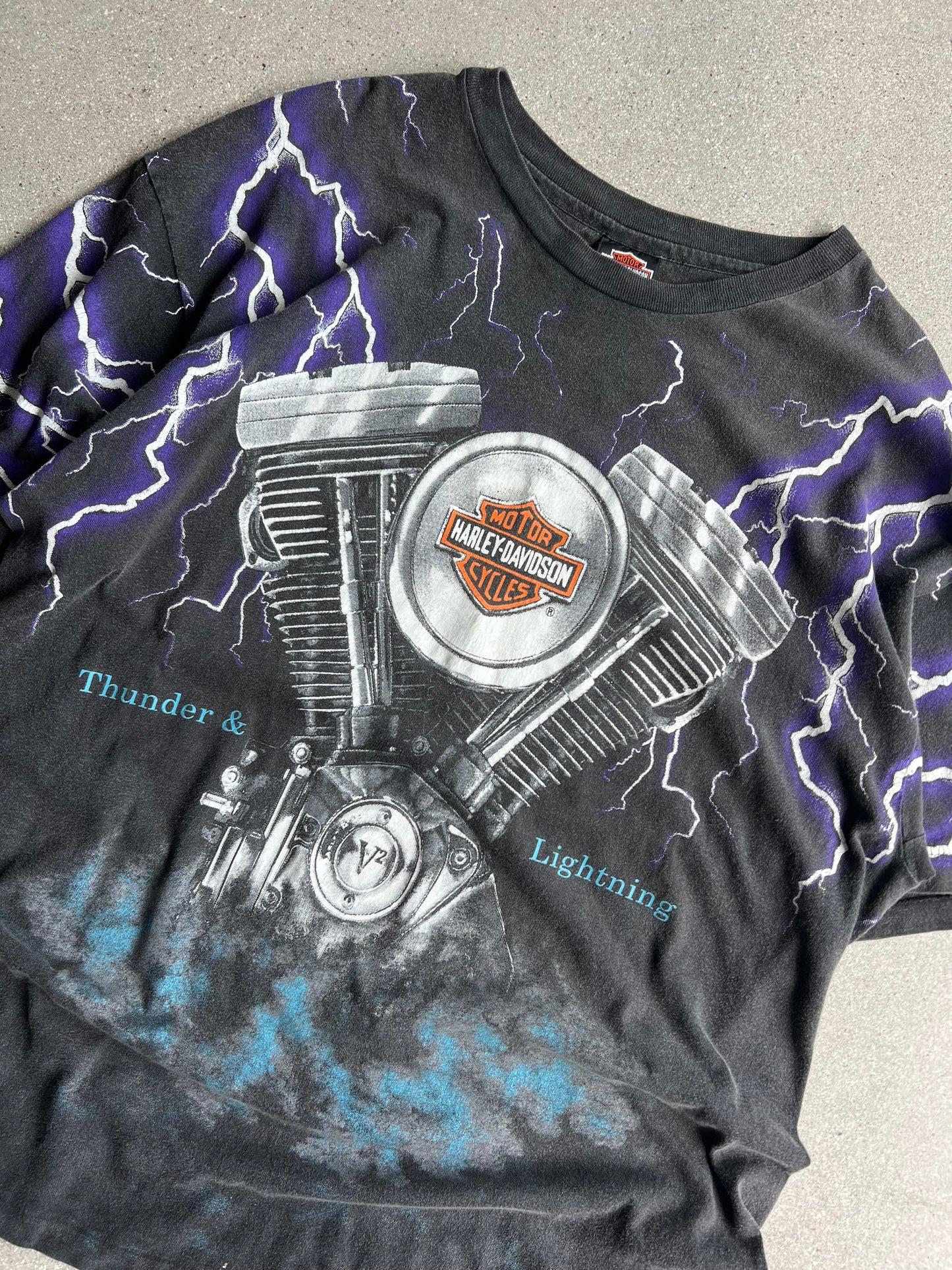 Vintage Harley Thunder and Lightning AOP Tee - XL
